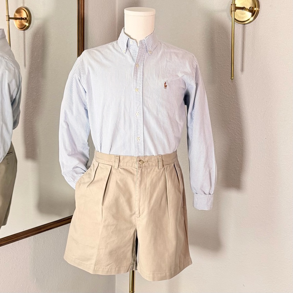 VTG Polo Ralph Lauren Andrew Shorts 33 Tan Chino Pleated Khaki Old Money Preppy